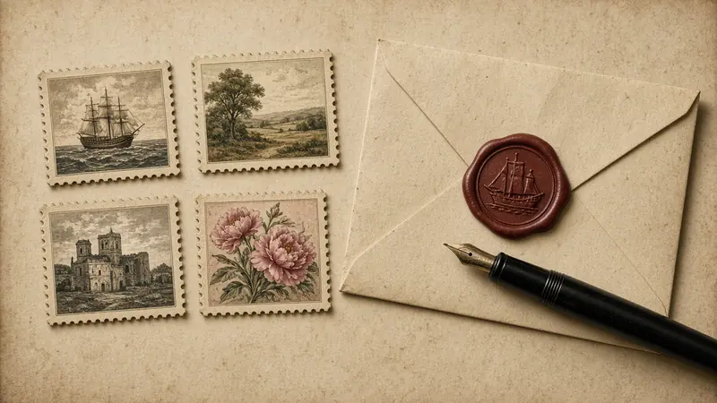 Antique letter with wax seal surrounded by vintage 19th-century style postage stamps and a fountain pen