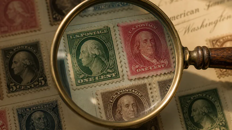 Brass magnifying glass over vintage United States postage stamps including Washington and Franklin issues
