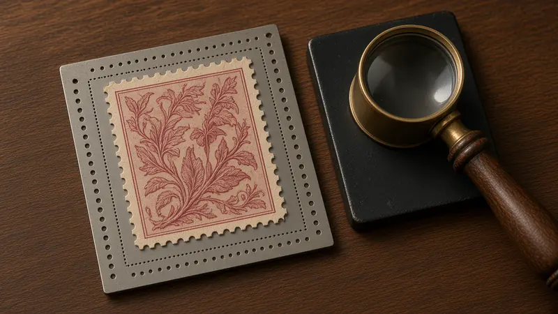 Vintage postage stamp on a perforation gauge beside a black watermark tray and magnifying loupe