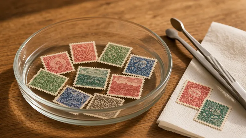 Used vintage postage stamps soaking in a shallow dish of water beside stamp tongs and stamps drying on a paper towel